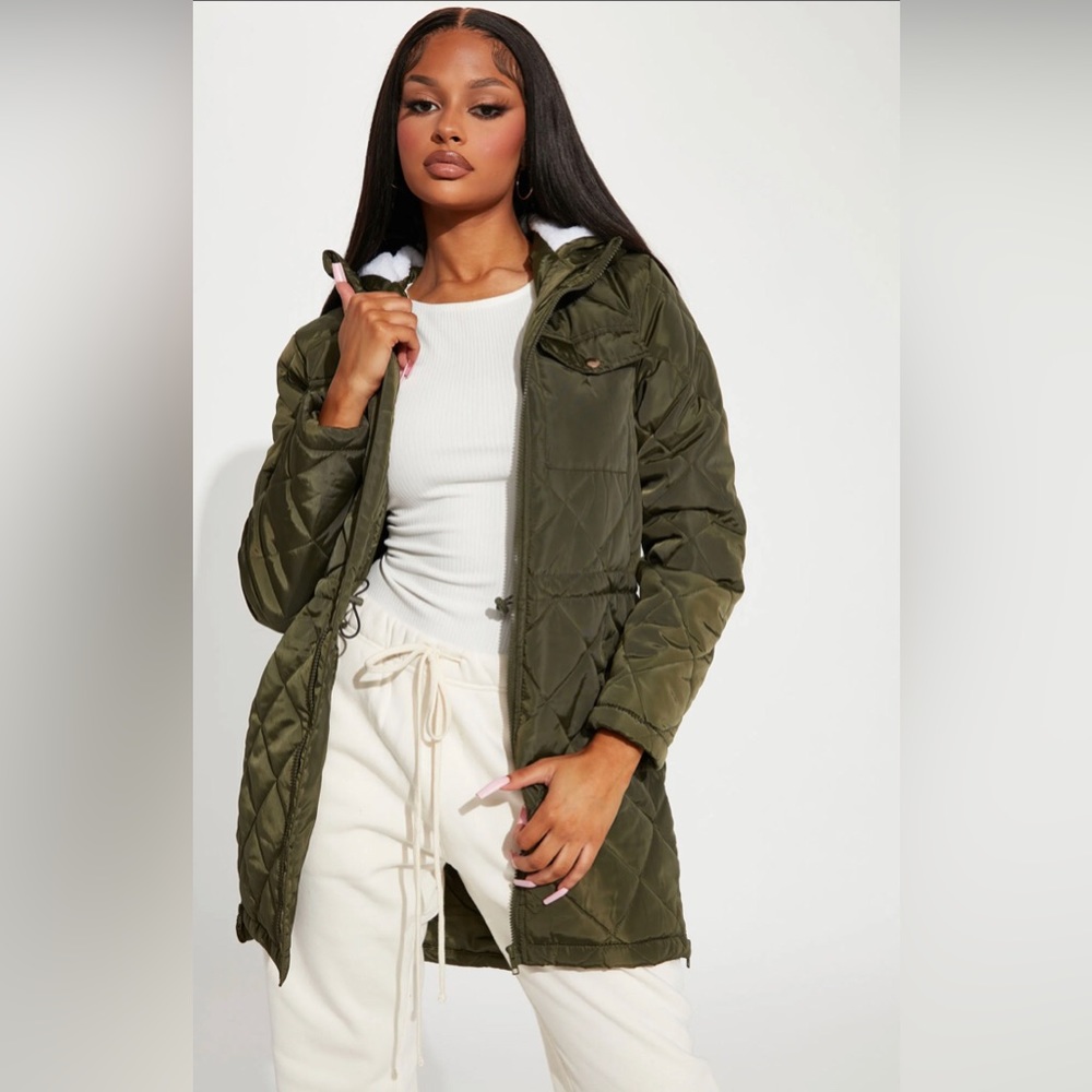 NEW Quilted Hooded All Season Women Jacket Olive Army Green Large L - Picture 2 of 11